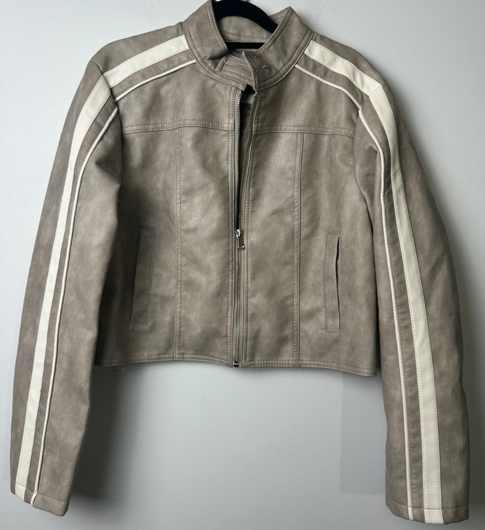 Beige Faux Vegan Leather Moto Jacket Size L CI SONO By CAVALINI Full Zip Pockets